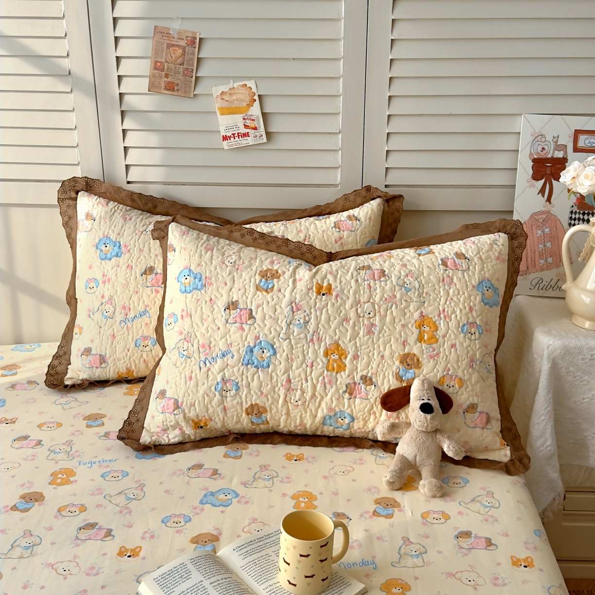 91家纺网 家纺一手货源 找家纺 百寐 2026吸汗防油全棉三层夹棉花边信封加大50*80枕套48*74/40*60枕芯 夹棉-泡芙狗