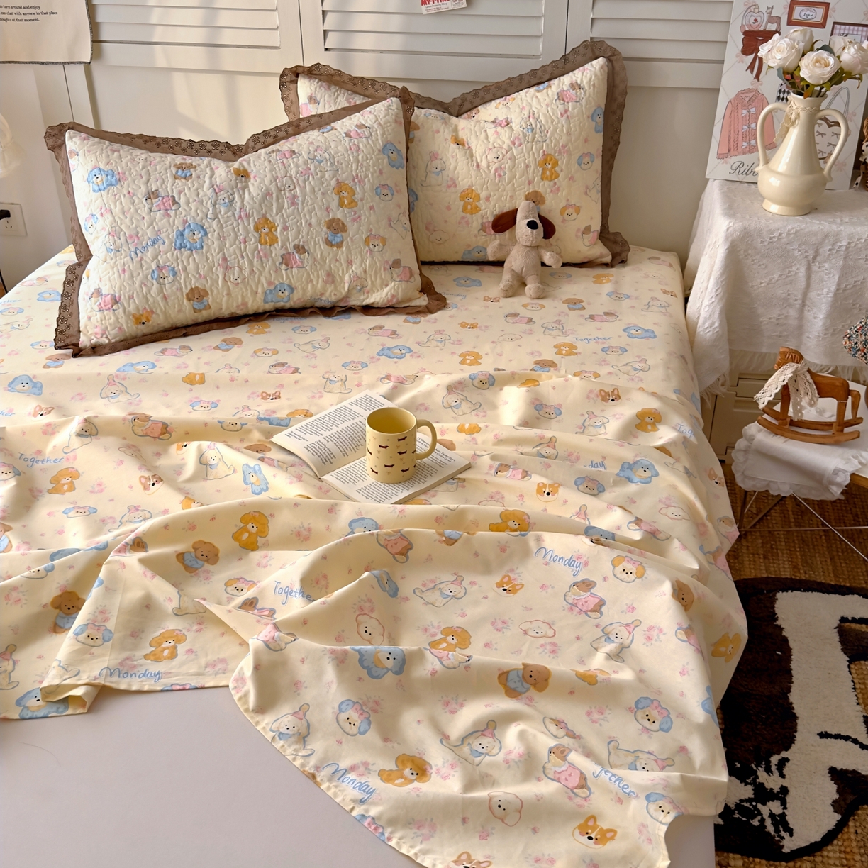 91家纺网 家纺一手货源 找家纺 百寐 2026吸汗防油全棉三层夹棉花边信封加大50*80枕套48*74/40*60枕芯 夹棉-泡芙狗