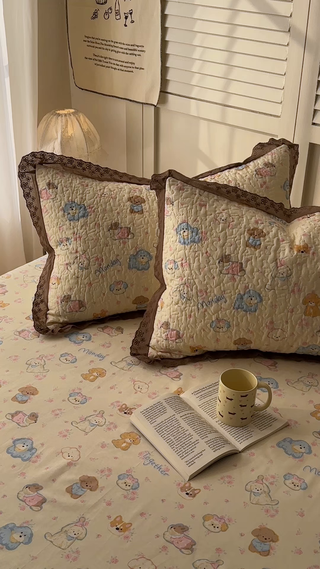 91家纺网 家纺一手货源 找家纺 百寐 2026吸汗防油全棉三层夹棉花边信封加大50*80枕套48*74/40*60枕芯 夹棉-泡芙狗