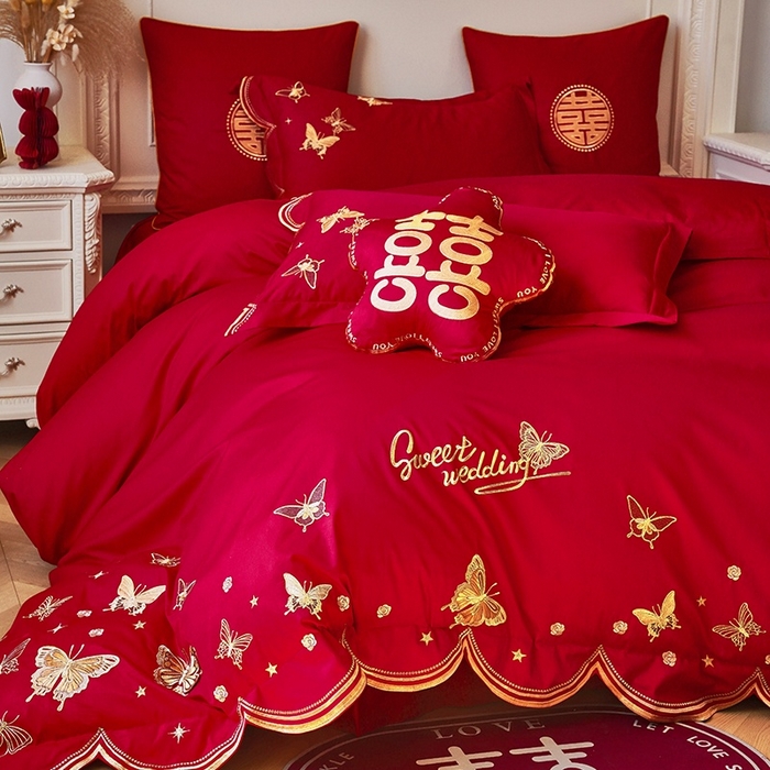 91家纺网 家纺一手货源 找家纺 甜咪咪婚庆 2026春夏新款全棉纯棉绣花结婚婚庆四件套多件套床单床盖款 翩翩起舞