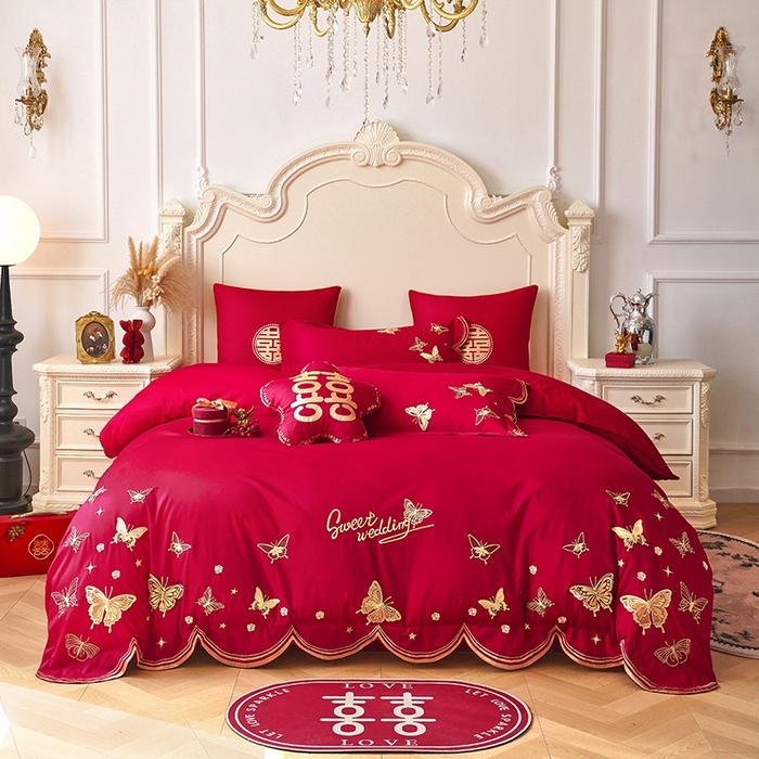 甜咪咪婚庆 2026春夏新款全棉纯棉绣花结婚婚庆四件套多件套床单床盖款 翩翩起舞