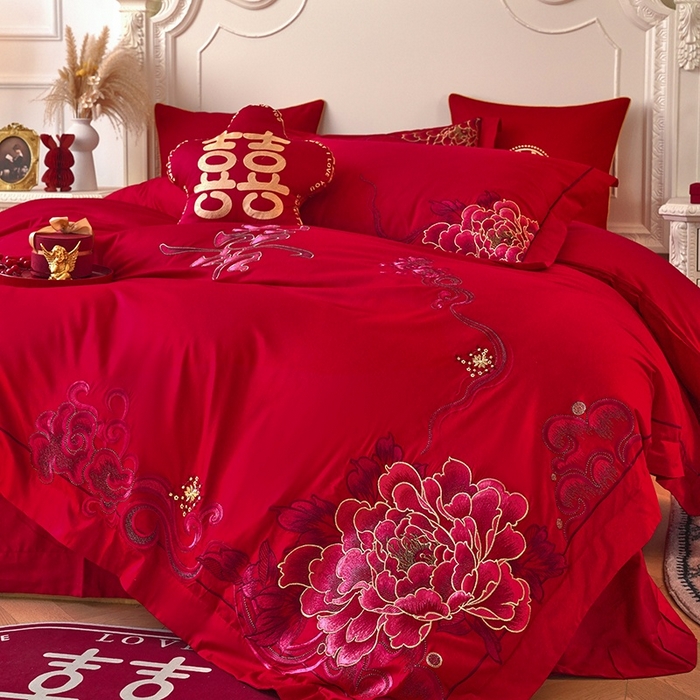 91家纺网 家纺一手货源 找家纺 甜咪咪婚庆 2026春夏新款全棉纯棉绣花结婚婚庆四件套多件套床单床盖款 锦绣芳华红