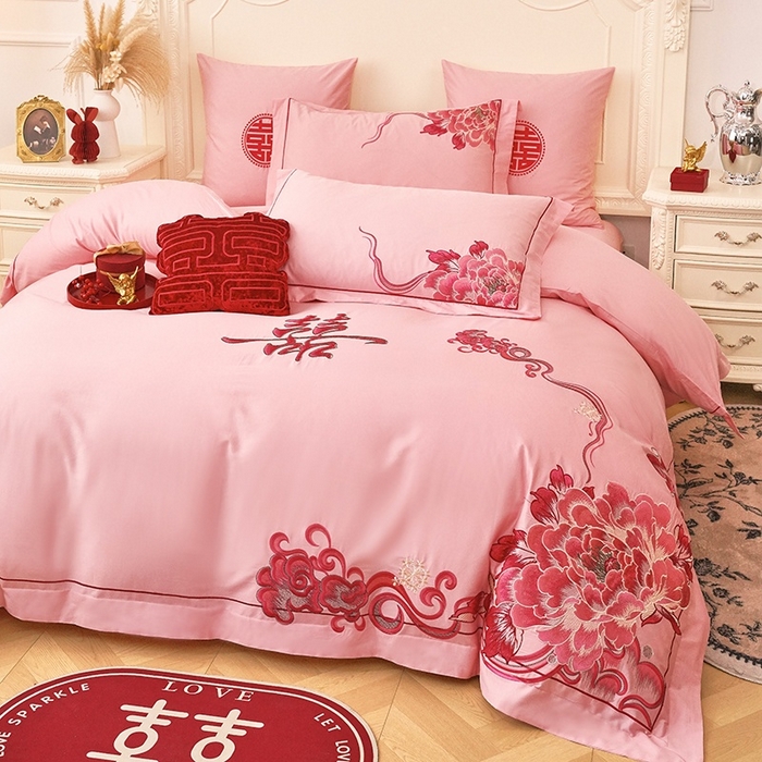 91家纺网 家纺一手货源 找家纺 甜咪咪婚庆 2026春夏新款全棉纯棉绣花结婚婚庆四件套多件套床单床盖款 锦绣芳华玉