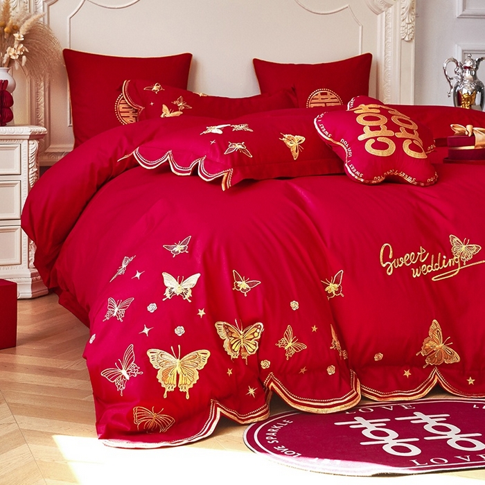 91家纺网 家纺一手货源 找家纺 甜咪咪婚庆 2026春夏新款全棉纯棉绣花结婚婚庆四件套多件套床单床盖款 翩翩起舞