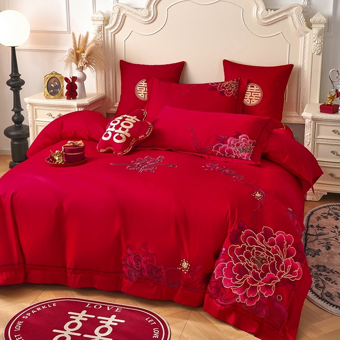 甜咪咪婚庆 2026春夏新款全棉纯棉绣花结婚婚庆四件套多件套床单床盖款 锦绣芳华红