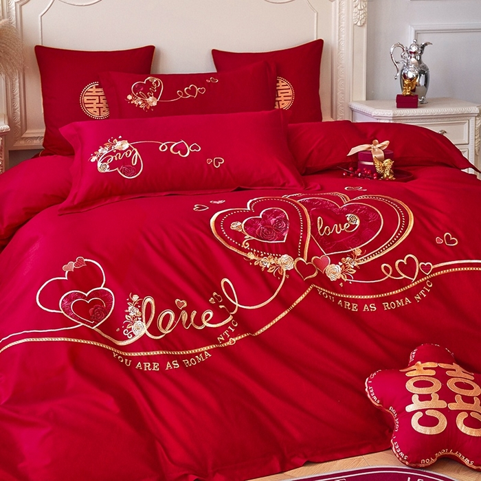 91家纺网 家纺一手货源 找家纺 甜咪咪婚庆 2026春夏新款全棉纯棉绣花结婚婚庆四件套多件套床单床盖款 星语心愿