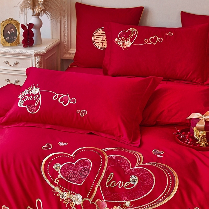 91家纺网 家纺一手货源 找家纺 甜咪咪婚庆 2026春夏新款全棉纯棉绣花结婚婚庆四件套多件套床单床盖款 星语心愿