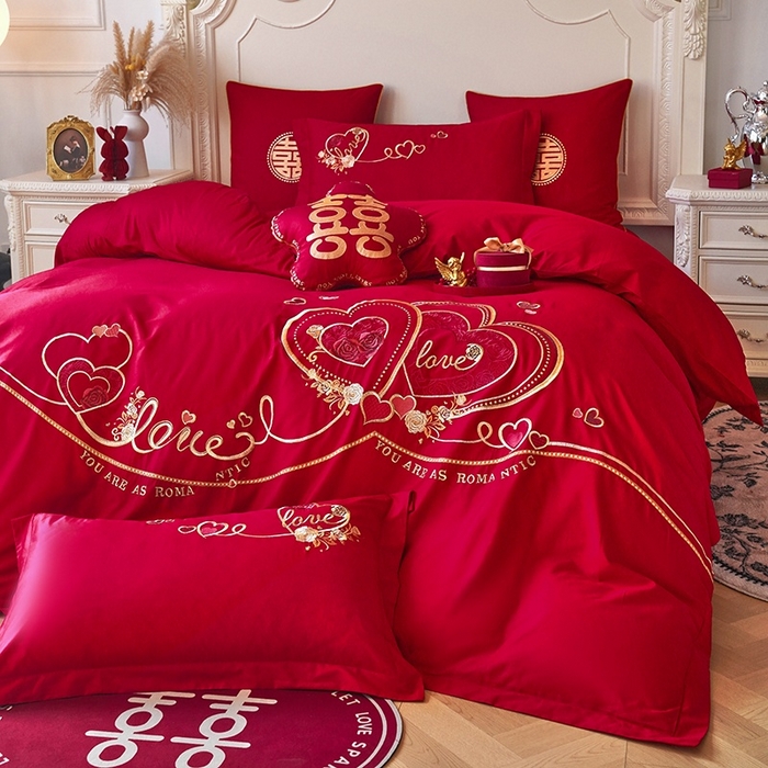 91家纺网 家纺一手货源 找家纺 甜咪咪婚庆 2026春夏新款全棉纯棉绣花结婚婚庆四件套多件套床单床盖款 星语心愿