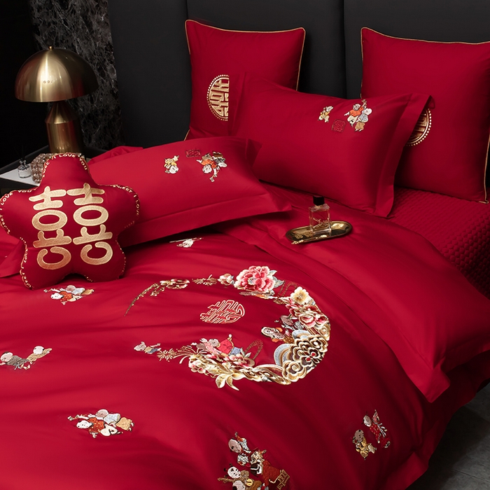 91家纺网 家纺一手货源 找家纺 甜咪咪婚庆 2026春夏新款全棉纯棉绣花结婚婚庆四件套多件套床单床盖款 百子迎福