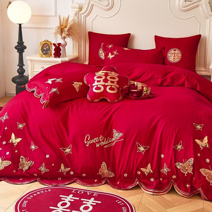 91家纺网 家纺一手货源 找家纺 甜咪咪婚庆 2026春夏新款全棉纯棉绣花结婚婚庆四件套多件套床单床盖款 翩翩起舞