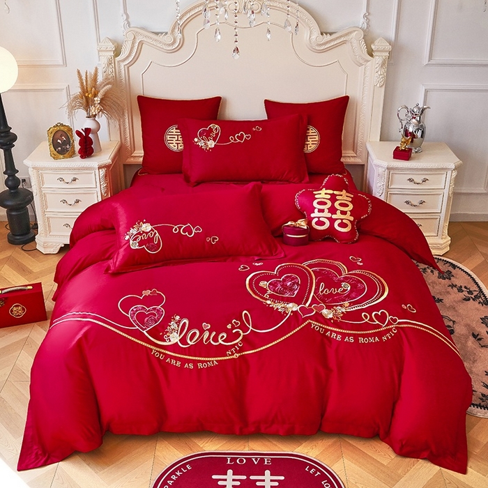 甜咪咪婚庆 2026春夏新款全棉纯棉绣花结婚婚庆四件套多件套床单床盖款 星语心愿