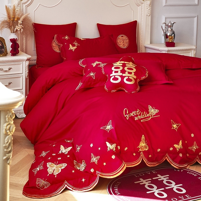 91家纺网 家纺一手货源 找家纺 甜咪咪婚庆 2026春夏新款全棉纯棉绣花结婚婚庆四件套多件套床单床盖款 翩翩起舞