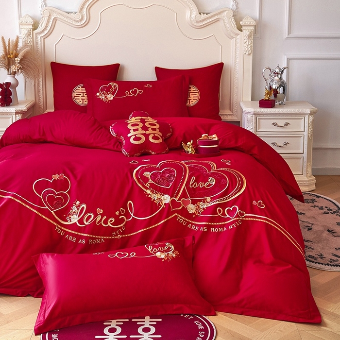 91家纺网 家纺一手货源 找家纺 甜咪咪婚庆 2026春夏新款全棉纯棉绣花结婚婚庆四件套多件套床单床盖款 星语心愿