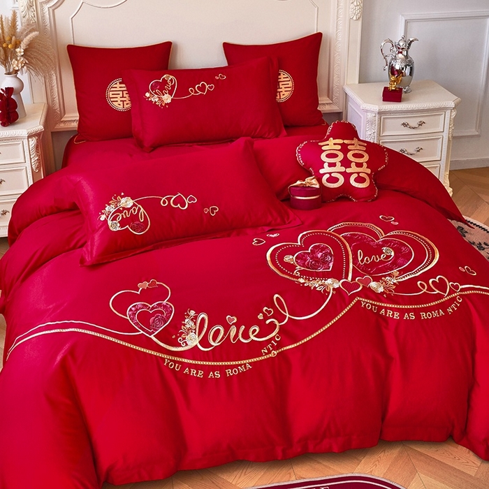 91家纺网 家纺一手货源 找家纺 甜咪咪婚庆 2026春夏新款全棉纯棉绣花结婚婚庆四件套多件套床单床盖款 星语心愿