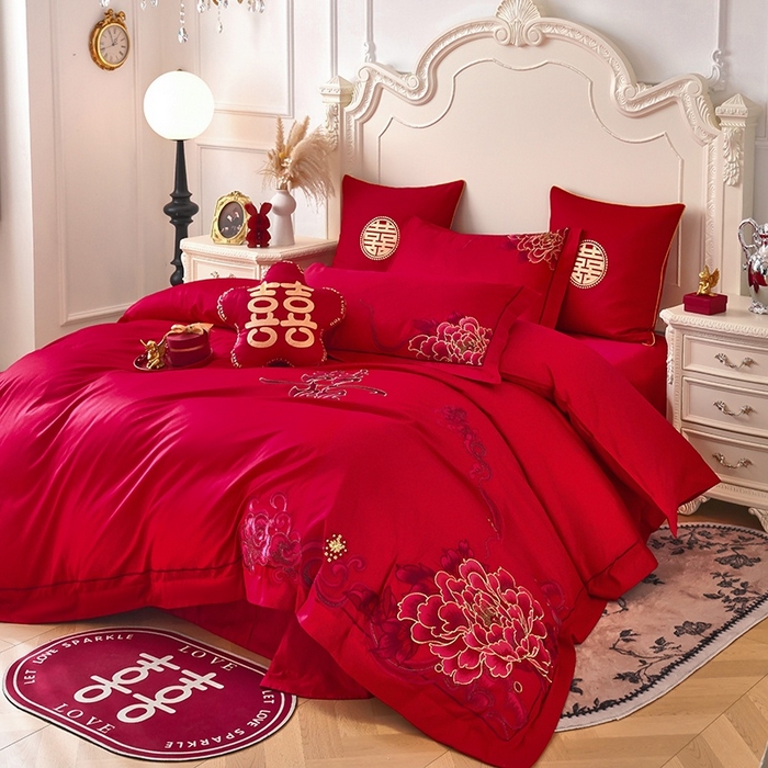 91家纺网 家纺一手货源 找家纺 甜咪咪婚庆 2026春夏新款全棉纯棉绣花结婚婚庆四件套多件套床单床盖款 锦绣芳华红