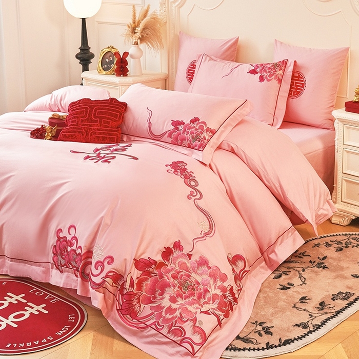 91家纺网 家纺一手货源 找家纺 甜咪咪婚庆 2026春夏新款全棉纯棉绣花结婚婚庆四件套多件套床单床盖款 锦绣芳华玉