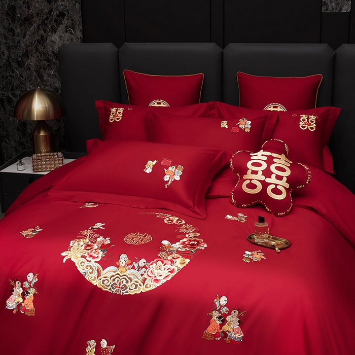 91家纺网 家纺一手货源 找家纺 甜咪咪婚庆 2026春夏新款全棉纯棉绣花结婚婚庆四件套多件套床单床盖款 百子迎福