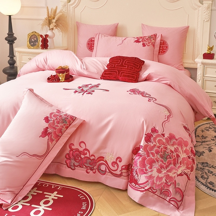 91家纺网 家纺一手货源 找家纺 甜咪咪婚庆 2026春夏新款全棉纯棉绣花结婚婚庆四件套多件套床单床盖款 锦绣芳华玉