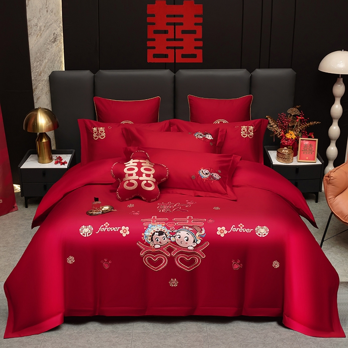 甜咪咪婚庆 2026春夏新款全棉纯棉绣花结婚婚庆四件套多件套床单床盖款 青梅竹马