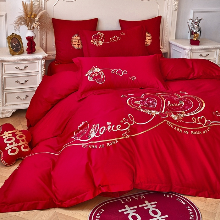 91家纺网 家纺一手货源 找家纺 甜咪咪婚庆 2026春夏新款全棉纯棉绣花结婚婚庆四件套多件套床单床盖款 星语心愿