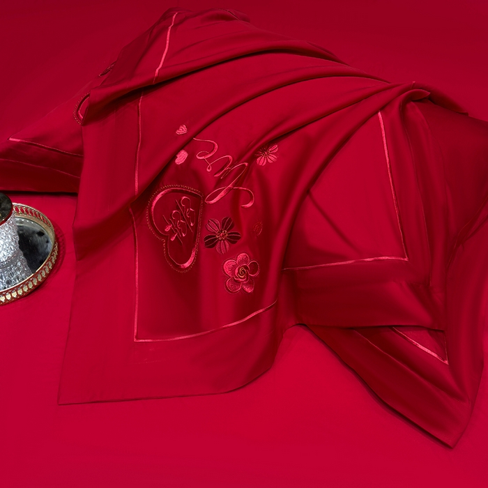 91家纺网 家纺一手货源 找家纺 甜咪咪婚庆 2026春夏新款全棉纯棉绣花结婚婚庆四件套多件套床单床盖款 欢天喜地红