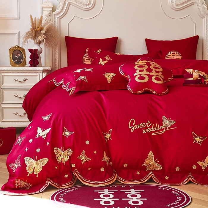 91家纺网 家纺一手货源 找家纺 甜咪咪婚庆 2026春夏新款全棉纯棉绣花结婚婚庆四件套多件套床单床盖款 翩翩起舞