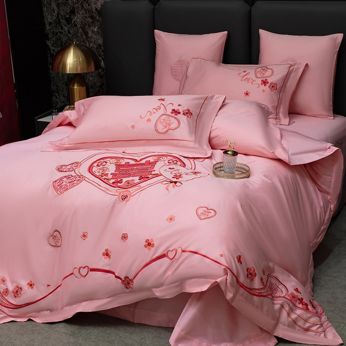 91家纺网 家纺一手货源 找家纺 甜咪咪婚庆 2026春夏新款全棉纯棉绣花结婚婚庆四件套多件套床单床盖款 欢天喜地玉