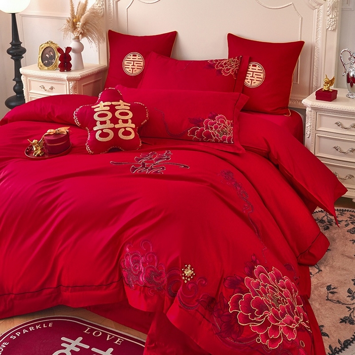 91家纺网 家纺一手货源 找家纺 甜咪咪婚庆 2026春夏新款全棉纯棉绣花结婚婚庆四件套多件套床单床盖款 锦绣芳华红