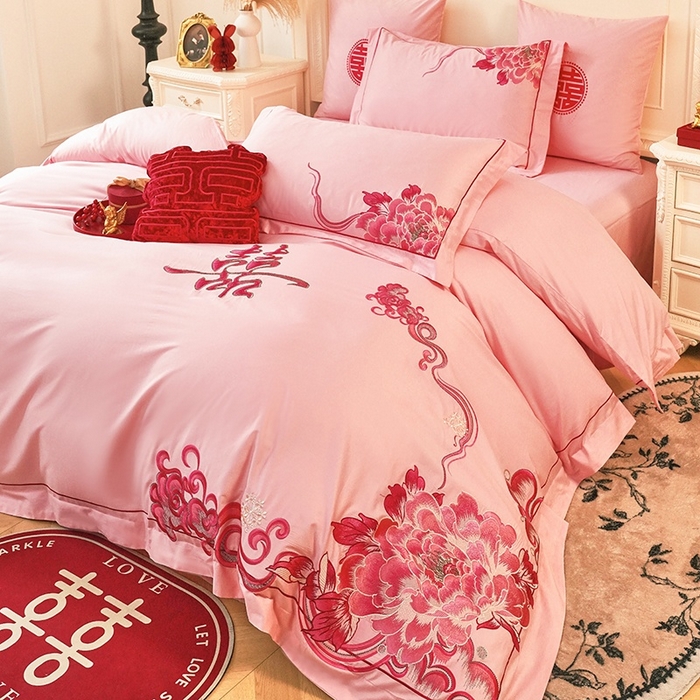 91家纺网 家纺一手货源 找家纺 甜咪咪婚庆 2026春夏新款全棉纯棉绣花结婚婚庆四件套多件套床单床盖款 锦绣芳华玉