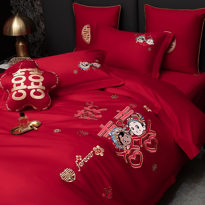 91家纺网 家纺一手货源 找家纺 甜咪咪婚庆 2026春夏新款全棉纯棉绣花结婚婚庆四件套多件套床单床盖款 青梅竹马