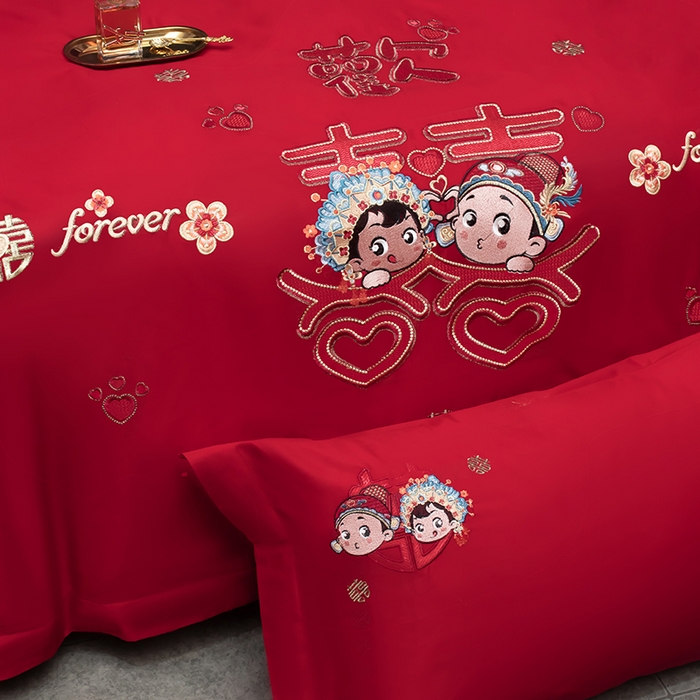 91家纺网 家纺一手货源 找家纺 甜咪咪婚庆 2026春夏新款全棉纯棉绣花结婚婚庆四件套多件套床单床盖款 青梅竹马