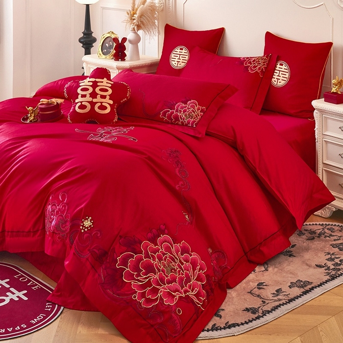 91家纺网 家纺一手货源 找家纺 甜咪咪婚庆 2026春夏新款全棉纯棉绣花结婚婚庆四件套多件套床单床盖款 锦绣芳华红