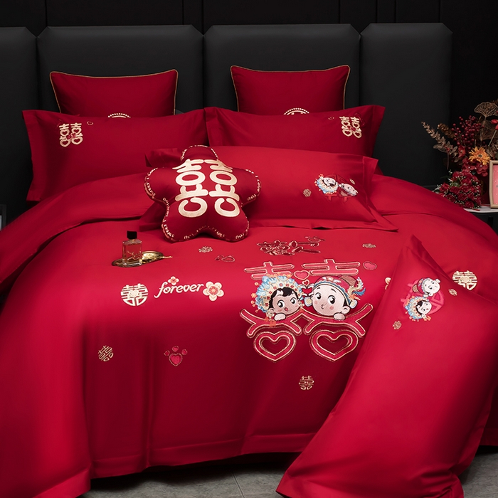 91家纺网 家纺一手货源 找家纺 甜咪咪婚庆 2026春夏新款全棉纯棉绣花结婚婚庆四件套多件套床单床盖款 青梅竹马