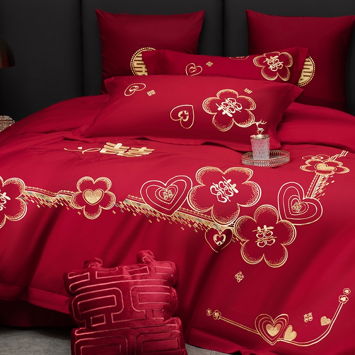 91家纺网 家纺一手货源 找家纺 甜咪咪婚庆 2026春夏新款全棉纯棉绣花结婚婚庆四件套多件套床单床盖款 锦绣花园红