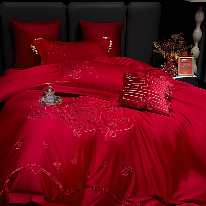 91家纺网 家纺一手货源 找家纺 甜咪咪婚庆 2026春夏新款全棉纯棉绣花结婚婚庆四件套多件套床单床盖款 欢天喜地红