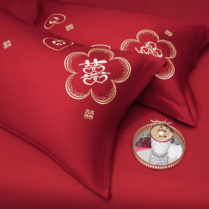 91家纺网 家纺一手货源 找家纺 甜咪咪婚庆 2026春夏新款全棉纯棉绣花结婚婚庆四件套多件套床单床盖款 锦绣花园红