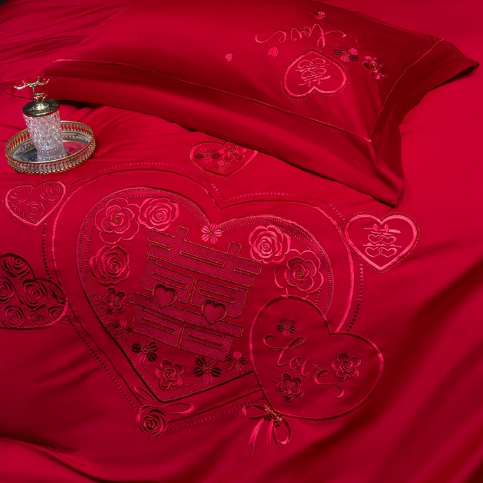 91家纺网 家纺一手货源 找家纺 甜咪咪婚庆 2026春夏新款全棉纯棉绣花结婚婚庆四件套多件套床单床盖款 欢天喜地红