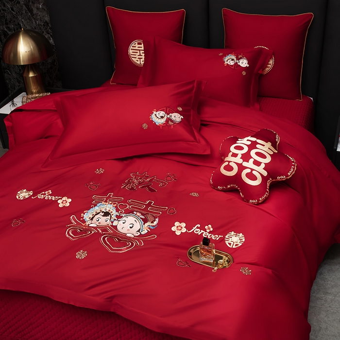 91家纺网 家纺一手货源 找家纺 甜咪咪婚庆 2026春夏新款全棉纯棉绣花结婚婚庆四件套多件套床单床盖款 青梅竹马