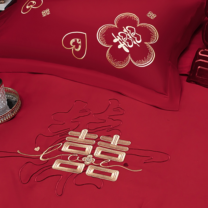 91家纺网 家纺一手货源 找家纺 甜咪咪婚庆 2026春夏新款全棉纯棉绣花结婚婚庆四件套多件套床单床盖款 锦绣花园红