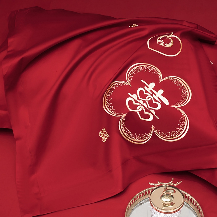 91家纺网 家纺一手货源 找家纺 甜咪咪婚庆 2026春夏新款全棉纯棉绣花结婚婚庆四件套多件套床单床盖款 锦绣花园红