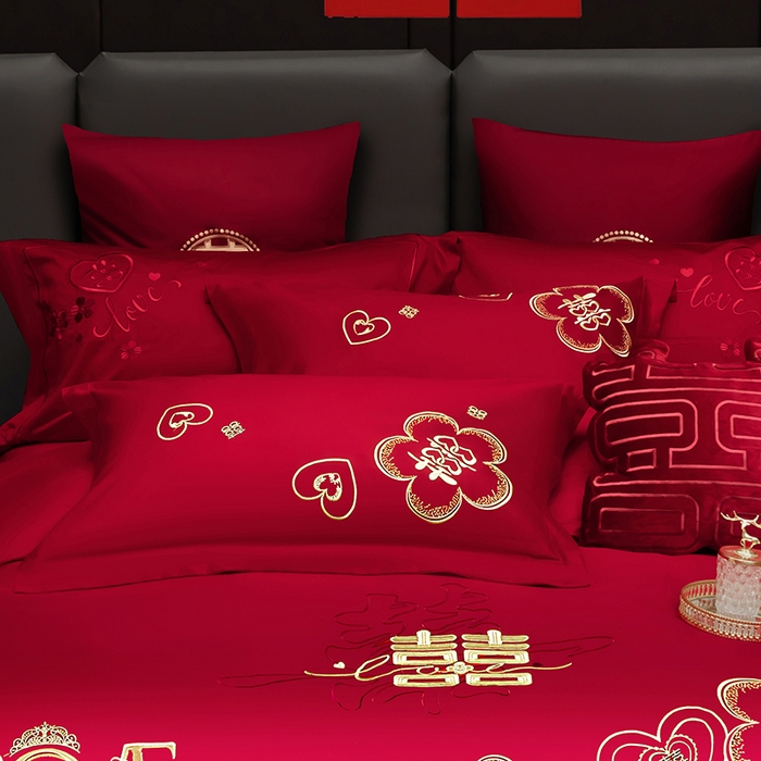 91家纺网 家纺一手货源 找家纺 甜咪咪婚庆 2026春夏新款全棉纯棉绣花结婚婚庆四件套多件套床单床盖款 锦绣花园红
