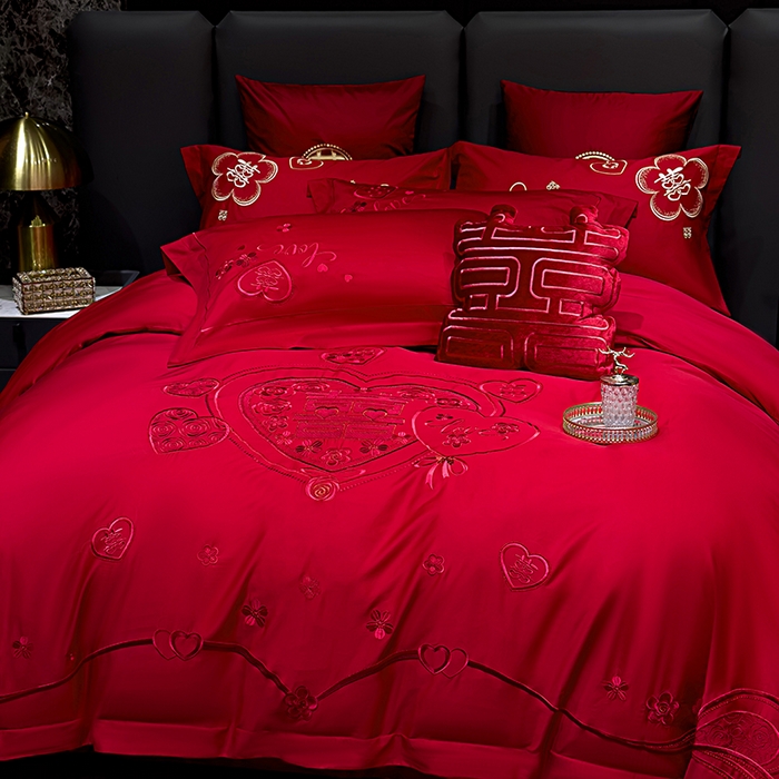 91家纺网 家纺一手货源 找家纺 甜咪咪婚庆 2026春夏新款全棉纯棉绣花结婚婚庆四件套多件套床单床盖款 欢天喜地红