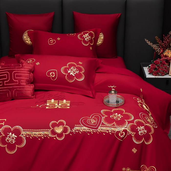 91家纺网 家纺一手货源 找家纺 甜咪咪婚庆 2026春夏新款全棉纯棉绣花结婚婚庆四件套多件套床单床盖款 锦绣花园红