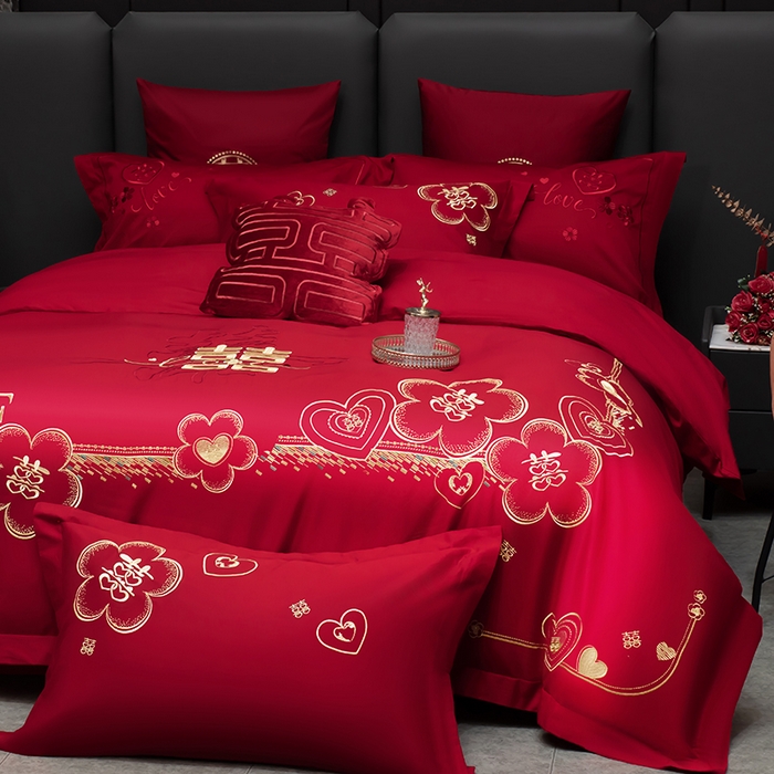 91家纺网 家纺一手货源 找家纺 甜咪咪婚庆 2026春夏新款全棉纯棉绣花结婚婚庆四件套多件套床单床盖款 锦绣花园红