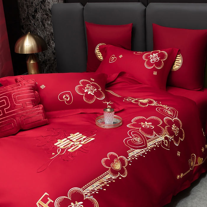 91家纺网 家纺一手货源 找家纺 甜咪咪婚庆 2026春夏新款全棉纯棉绣花结婚婚庆四件套多件套床单床盖款 锦绣花园红
