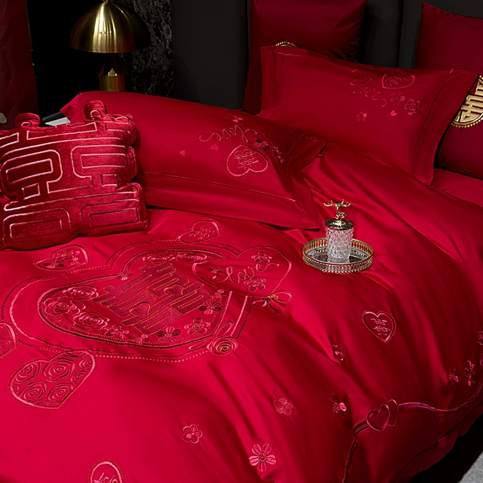 91家纺网 家纺一手货源 找家纺 甜咪咪婚庆 2026春夏新款全棉纯棉绣花结婚婚庆四件套多件套床单床盖款 欢天喜地红