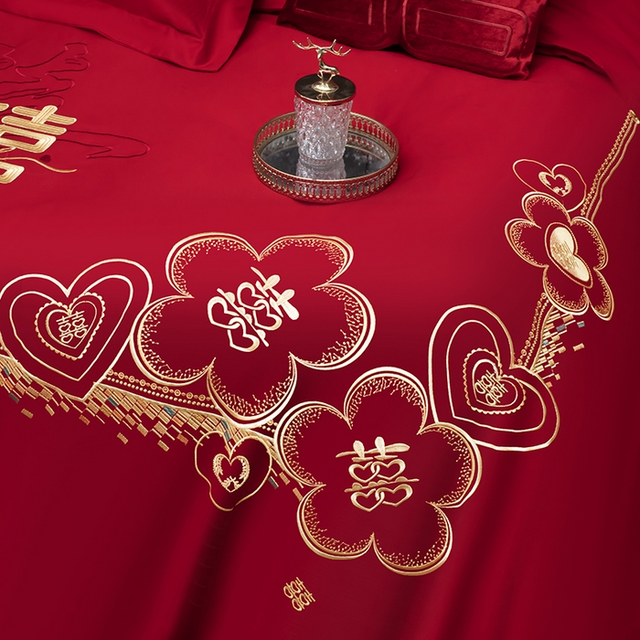 91家纺网 家纺一手货源 找家纺 甜咪咪婚庆 2026春夏新款全棉纯棉绣花结婚婚庆四件套多件套床单床盖款 锦绣花园红