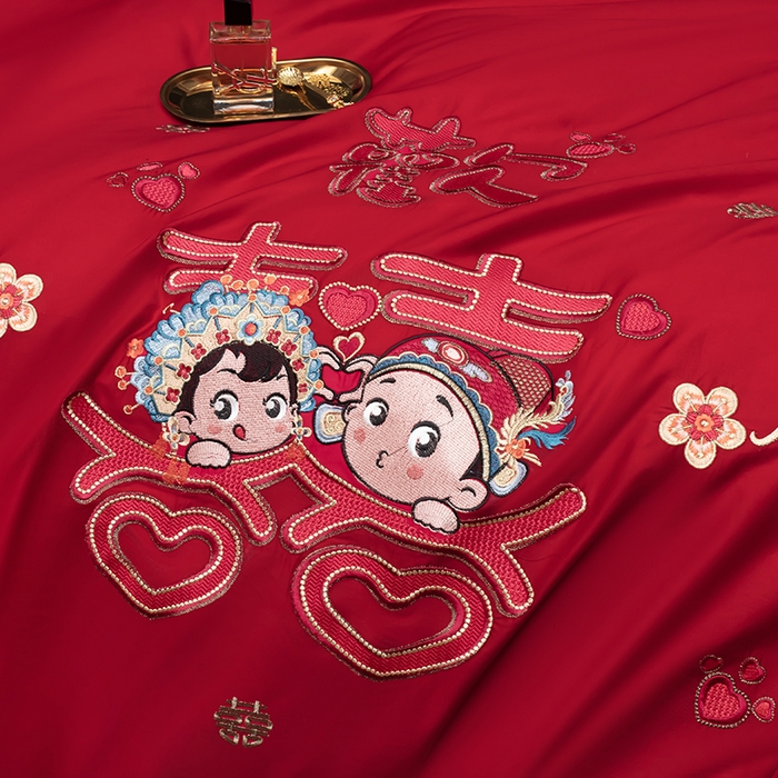 91家纺网 家纺一手货源 找家纺 甜咪咪婚庆 2026春夏新款全棉纯棉绣花结婚婚庆四件套多件套床单床盖款 青梅竹马