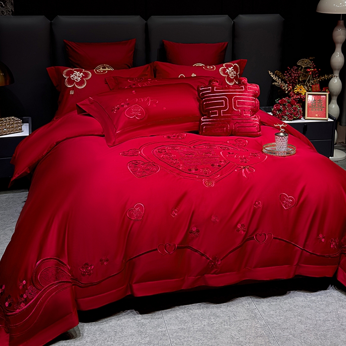 91家纺网 家纺一手货源 找家纺 甜咪咪婚庆 2026春夏新款全棉纯棉绣花结婚婚庆四件套多件套床单床盖款 欢天喜地红
