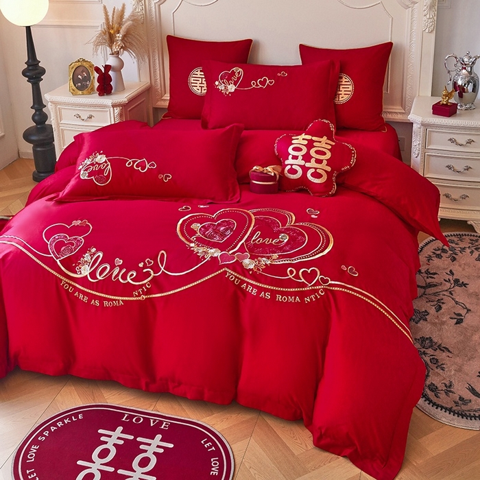 91家纺网 家纺一手货源 找家纺 甜咪咪婚庆 2026春夏新款全棉纯棉绣花结婚婚庆四件套多件套床单床盖款 星语心愿